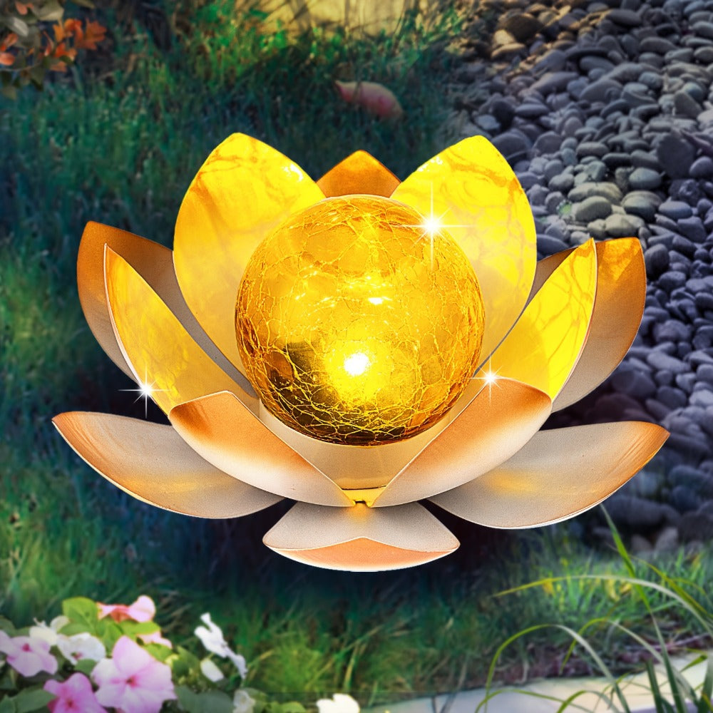 Solar Lotus Garden Lights 2-Pack – Rustic Iron Outdoor Stake Light with Cracked Glass Globe, IPX4 Waterproof Solar Powered Yard Lawn Patio Pool Decor, Warm Glow Landscape Lighting Gift