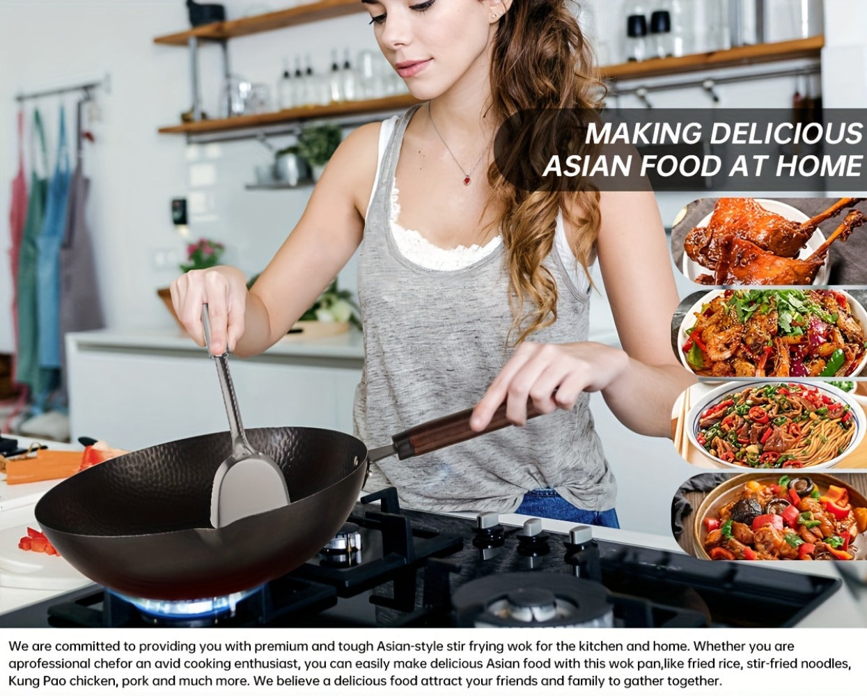 Carbon Steel Wok Pan 12.6 Inch with Lid & 10 Accessories – Uncoated Chinese Stir Fry Wok, Flat Bottom for Electric Induction Gas Stoves, 11-Piece Cookware Set