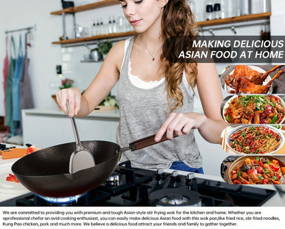 Carbon Steel Wok Pan 12.6 Inch with Lid & 10 Accessories – Uncoated Chinese Stir Fry Wok, Flat Bottom for Electric Induction Gas Stoves, 11-Piece Cookware Set