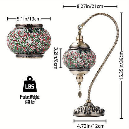 Mosaic Table Lamp Turkish Moroccan Style Handmade Swan Neck Glass Bedside Lamp 3 Color Modes LED Bulb Included Metal Base for Bedroom Living Room