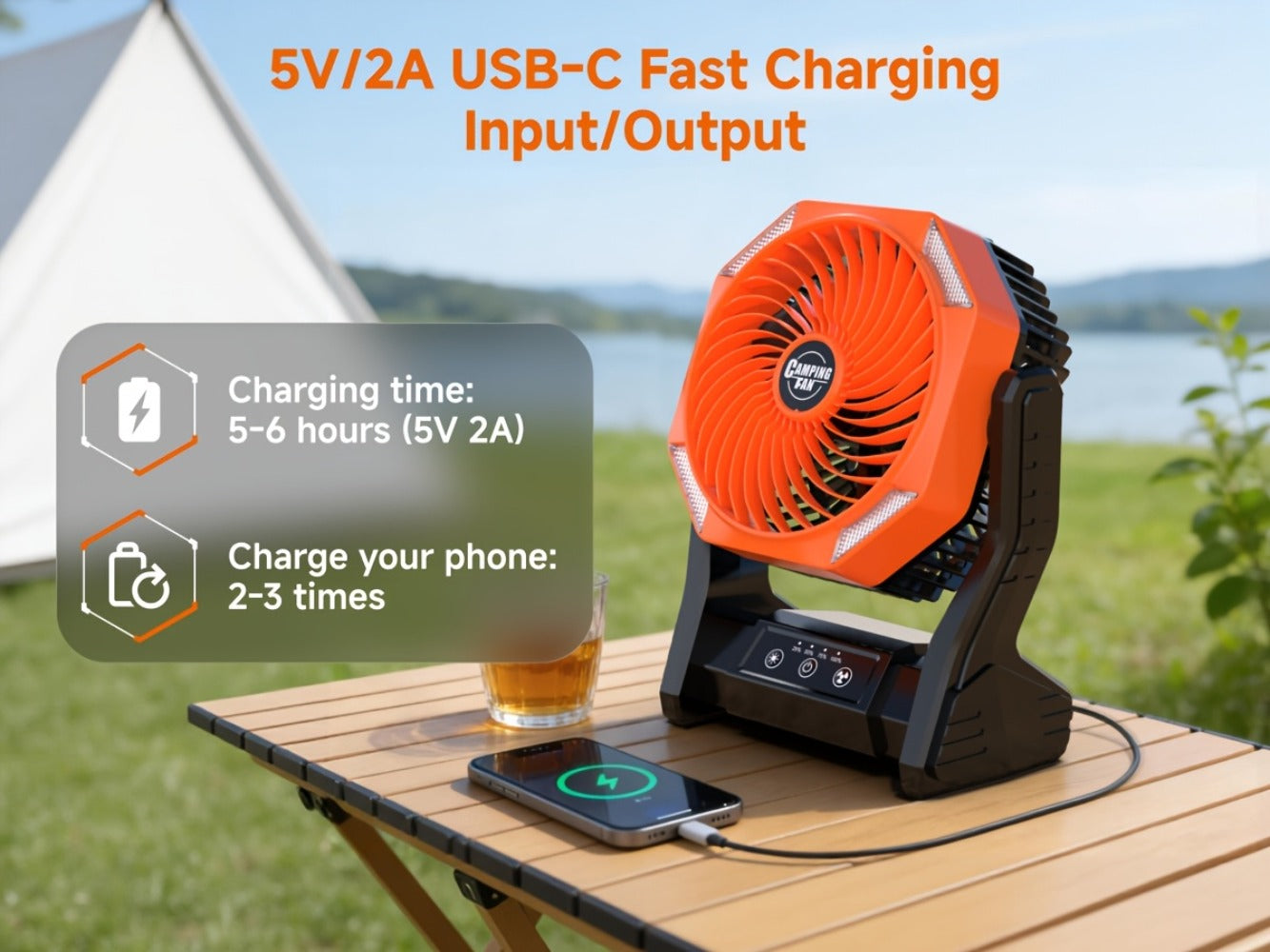 Camping Fan 20000mAh with LED Light and Brushless Motor, 4-Speed 180° Oscillating Portable Outdoor Fan, 22-26H Long Runtime Anti-Slip Base, 3-in-1 Table Fan for Camping, Hiking, Picnic and Emergency