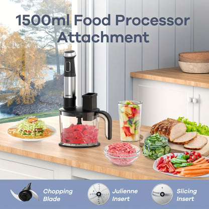 Immersion Blender 7-in-1 Hand Blender, 15-Speed & Turbo Mode, Stainless Steel Stick Blender with 50oz Food Processor, Whisk, Milk Frother & 4 More Attachments – Complete Kitchen Blending Set