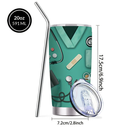 Nurse Tumbler 20oz Stainless Steel Insulated Cup with Lid and Straw - Medical Kit Design Travel Mug Nurse Gift Idea for Women Nurses Week Birthday | Rose Red Green Purple | Hot Cold Beverages