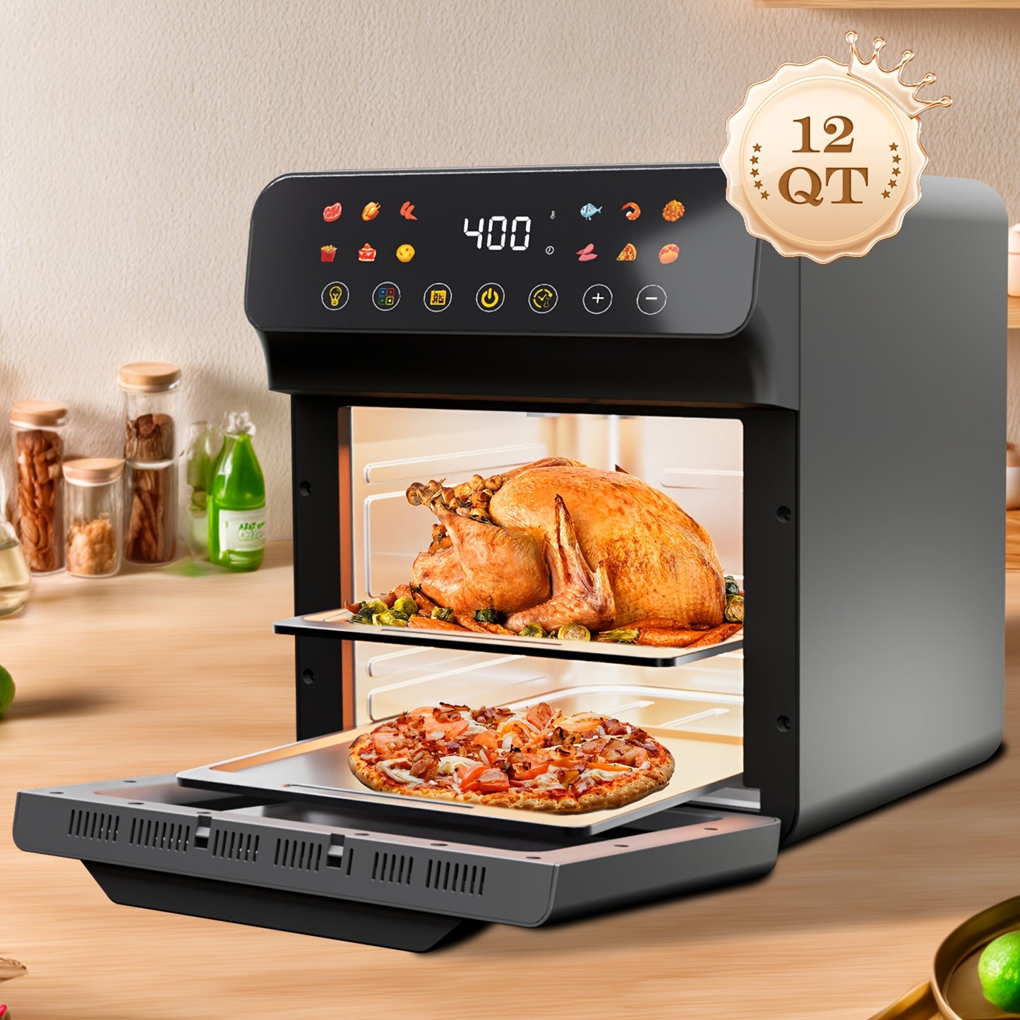 Air Fryer Convection Oven 12QT – 12-in-1 Multi-Function, Touchscreen, Visible Window, Oil-Free Non-Stick Basket, One-Touch Operation, Baking, Roasting, Dehydrating & Fast Cooking