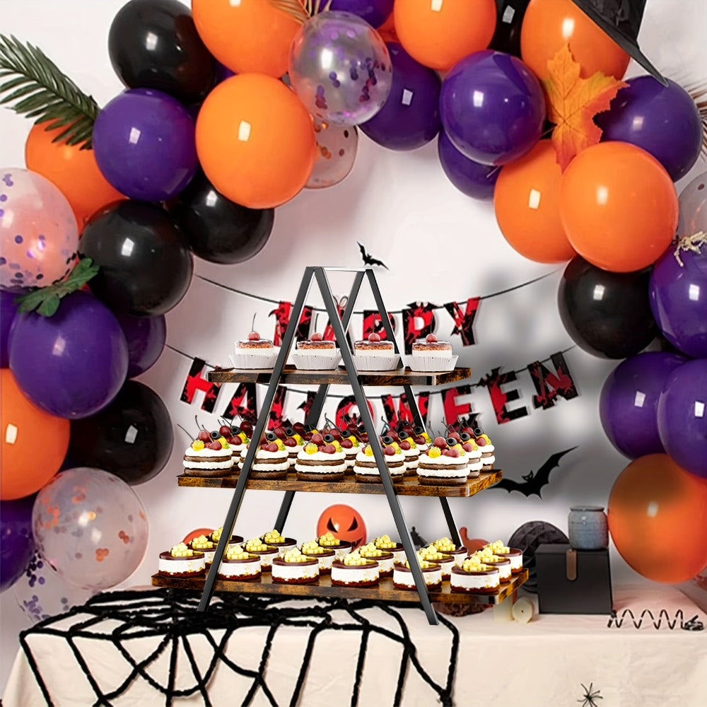 3-Tier Wooden Cupcake Stand – Holds 50 Cupcakes, Dessert Display Rack for Wedding, Birthday Party & Halloween, Rustic Wood Cake Stand in Black, White & Brown