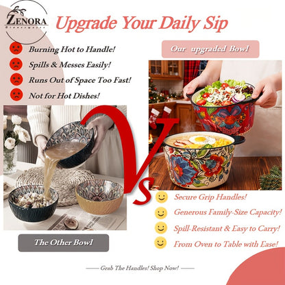 Giant Ceramic Extra-Deep Serving Bowl With Handles, 101oz, Bohemian Hand-Painted, Chip-Resistant, Microwave Dishwasher Oven Safe, Soup Salad Ice Cream Bowl, Family Kitchen Serving Set, Wedding Gift (2pcs)