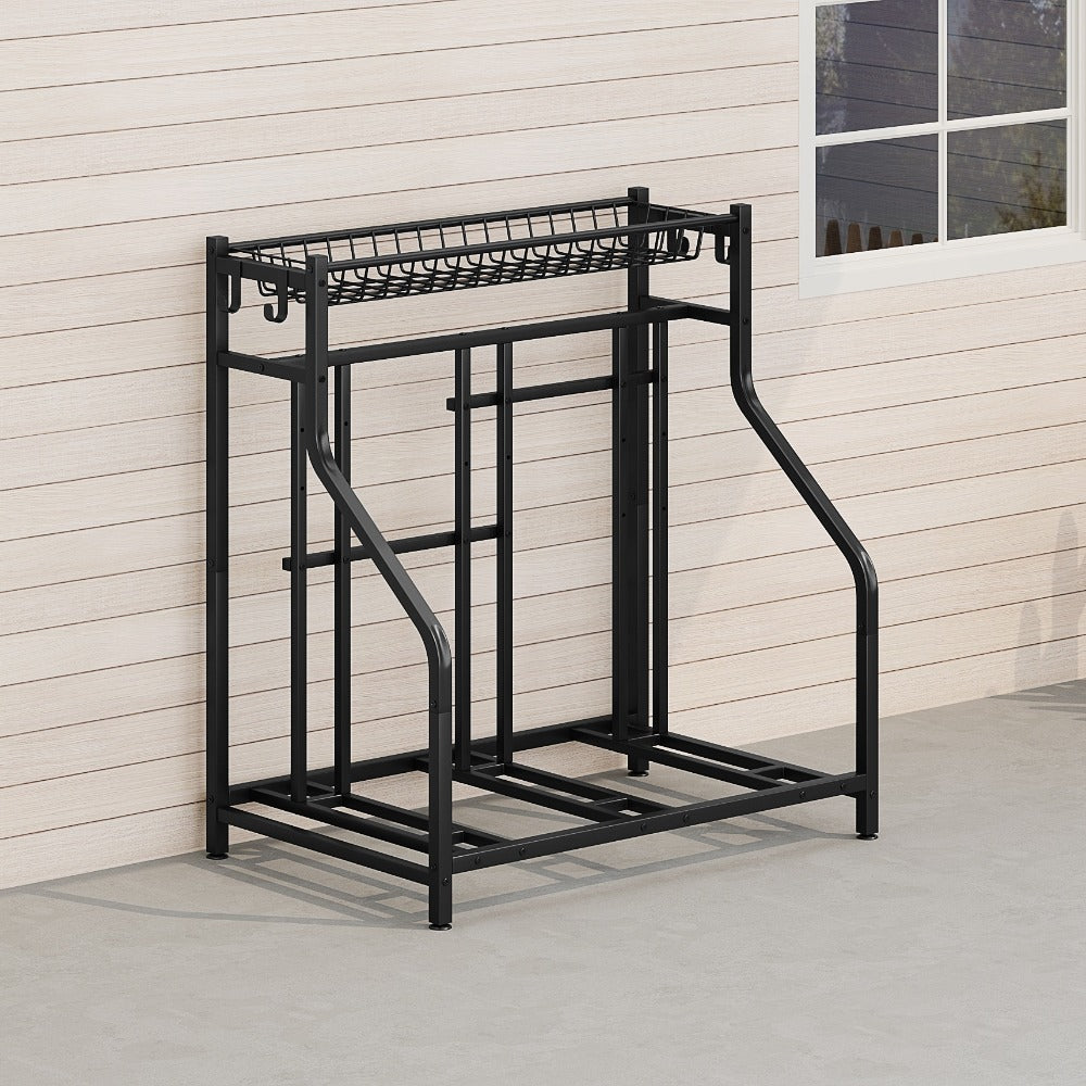 Freestanding Bike Storage Stand with Basket & Hooks – Adjustable Floor Rack for 3-4 Bikes, Indoor Outdoor Garage Organizer