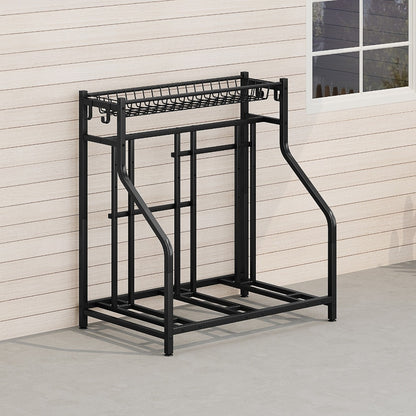 Freestanding Bike Storage Stand with Basket & Hooks – Adjustable Floor Rack for 3-4 Bikes, Indoor Outdoor Garage Organizer