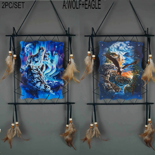 Wolf Eagle Dream Catcher Wall Art 2pcs Canvas Print Boho Native American Totem Hanging Decor with Feathers Wooden Beads Vintage Iron Frame for Living Room Bedroom Entryway TV Background