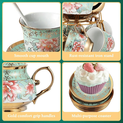 20-Piece Floral Ceramic Tea Set with Saucers & Metal Stand | European Afternoon Tea Service, Blooming Design, Complete Tea Accessories, Gift for Tea Lovers