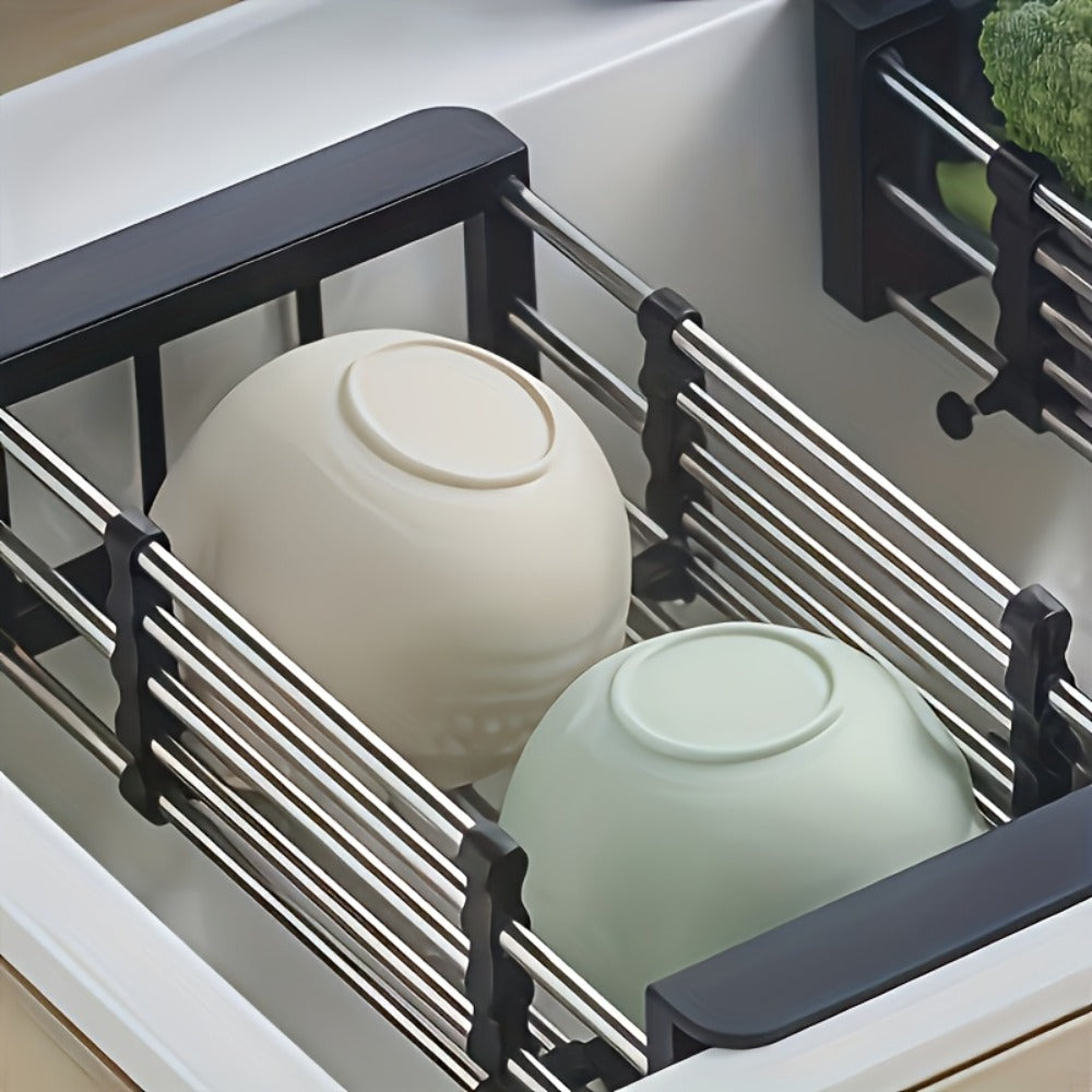 Dish Drying Rack Stainless Steel Adjustable – Expandable Over Sink Dish Rack with Retractable Width & Height for Kitchen Countertop, Space-Saving 304 Stainless Steel Drainer, Easy to Clean