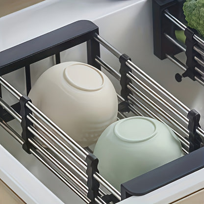 Dish Drying Rack Stainless Steel Adjustable – Expandable Over Sink Dish Rack with Retractable Width & Height for Kitchen Countertop, Space-Saving 304 Stainless Steel Drainer, Easy to Clean