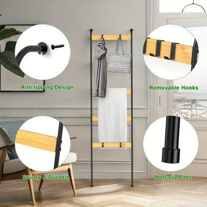 Blanket Ladder Rack 5 Tier with 10 Detachable Hooks - Freestanding Farmhouse Metal Towel Quilt Throw Storage Stand No Drilling Non-Slip Pads | Brown Black | Living Room Bathroom Bedroom Home Decor Organization
