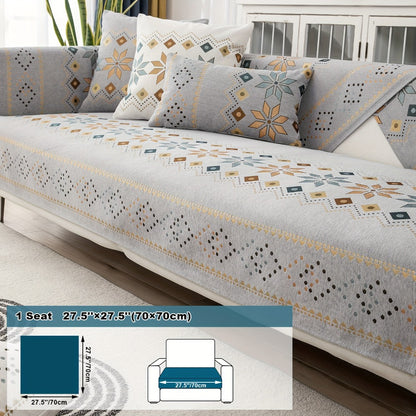 Bohemian Chenille Sofa Cover | Geometric Print Non-Slip Couch Slipcover, Thick Plush Boho Style, 1 to 4 Seat, Armrest & Backrest, Machine Washable, Sectional Sofa Protector