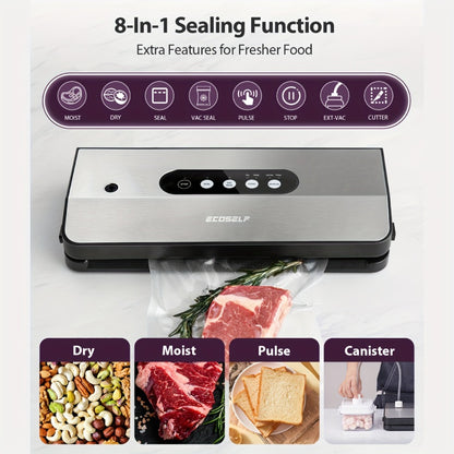 Vacuum Sealer Machine 8-in-1 – 65Kpa Food Sealer with Cutter, Accessory Hose, 10 Bags Included, Stainless Steel, External Vacuum Port for Food Storage, Sous Vide & Meal Prep