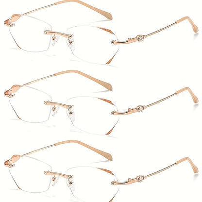 Rimless Reading Glasses for Women 3 Pack - Blue Light Blocking Lightweight Metal Frameless Readers with Anti Eyestrain Lenses, Multiple Colors and Magnifications 1.0X to 4.0X