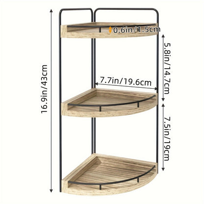 3-Layer Rustic Corner Countertop Storage Rack – 16.93" Wooden Vanity Organizer & Space-Saving Shelf for Bathroom, Kitchen & Bedroom – Farmhouse Corner Shelf for Countertop Display & Organization