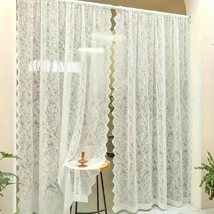 Sheer Curtain Rod Pocket Floral Lace Semi-Sheer Window Panel for Living Room Bedroom Kitchen Bathroom, 100% Polyester, Machine Washable, White Light Green Coffee