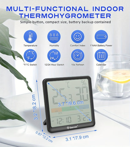 Indoor Thermometer Hygrometer Digital | Accurate Temperature Humidity Monitor with Clock & Calendar | Desktop Room Humidity Gauge for Home Office Bedroom Baby Room