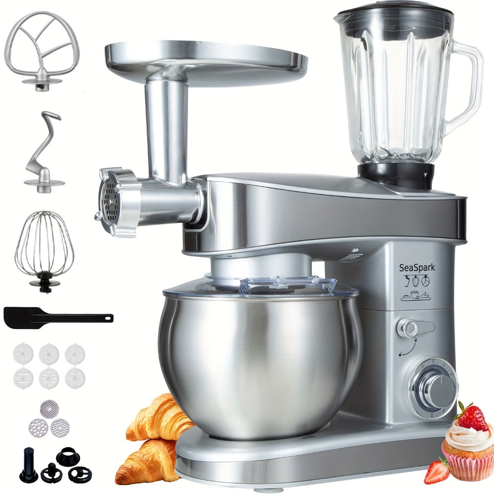 Stand Mixer 6-in-1 400W with 6.3QT Stainless Steel Bowl – 6-Speed & Pulse Tilt-Head Kitchen Mixer with Dough Hook Beater Whisk Juicer Meat Grinder Noodle Press | Electric Food Mixer Black Red Purple Silver