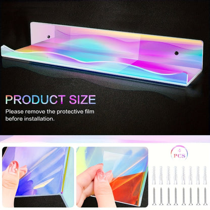 Iridescent Acrylic Floating Shelves Wall Mounted – Colorful Rainbow Storage Rack for Nail Polish, Cosmetics & Sundries, Art Deco Style Bathroom & Bedroom Shelf, 2 or 4 Pack (Pink / Macaron / Clear)
