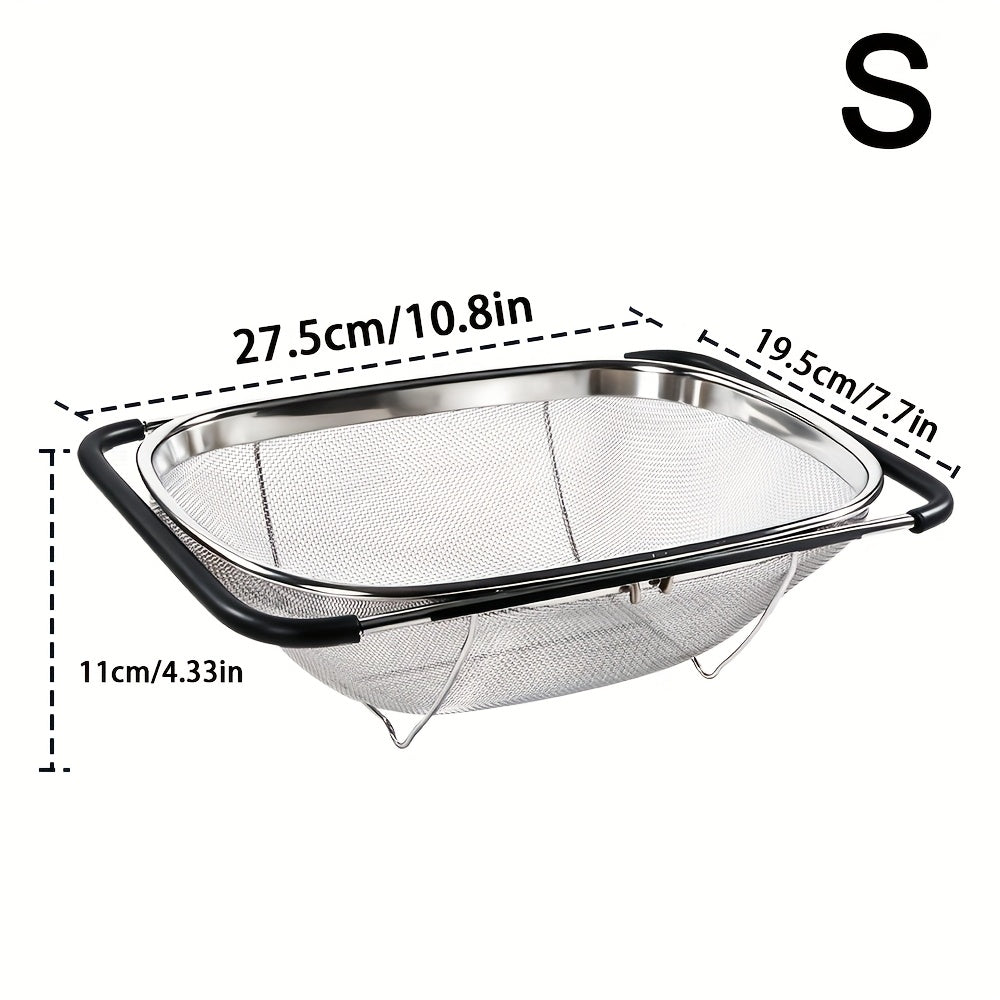 Expandable Sink Colander Stainless Steel – Over the Sink Strainer Basket with Fine Mesh & Rubber Grip, Adjustable Kitchen Drain Strainer for Vegetables, Fruits & Pasta, Small & Large Size