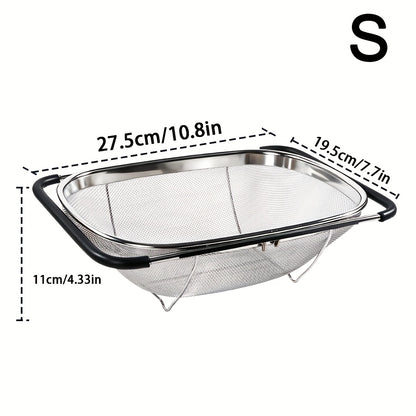 Expandable Sink Colander Stainless Steel – Over the Sink Strainer Basket with Fine Mesh & Rubber Grip, Adjustable Kitchen Drain Strainer for Vegetables, Fruits & Pasta, Small & Large Size