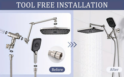 Rain Shower Head with Handheld Combo 12 Inch High Pressure Rainfall Showerhead Set – 4-Function Spray, 3-Way Diverter, 2-Stage Extension Arm & 71" Hose, Matte Black / Chrome / Brushed Nickel