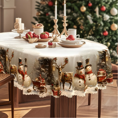 Christmas Tablecloth Vintage Snowman Reindeer Christmas Tree Red Holiday Table Cover for Rectangular Round Oval Tables Durable Polyester Fabric Party Home Restaurant Decorations