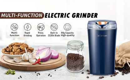 Electric Coffee Grinder 200W | Quiet Spice Grinder | 80g Large Capacity 12 Cups | 304 Stainless Steel Blade | One-Touch Operation | Grinds Coffee Beans Spices Nuts Grain | Blue Black