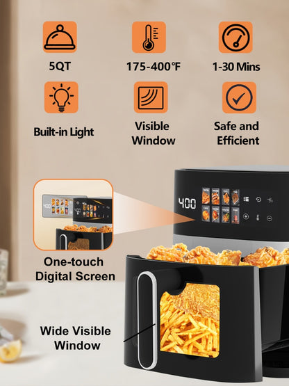 Air Fryer 6QT Multi Function LED Digital Touchscreen Visible Window Oil Free Non-Stick Basket Warm Broil Toast Bake Air Fry Easy Clean Countertop Healthy Cooking Black