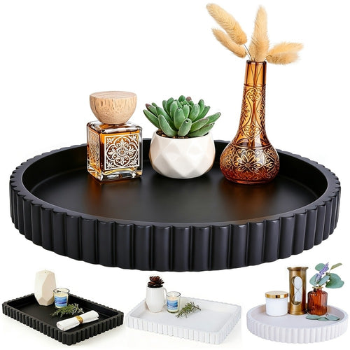 Wood Decorative Tray for Coffee Table 11 Inch Round Boho Serving Tray Wooden Centerpiece for Living Room Ottoman Console Table Jewelry Organizer Accent Decor Tabletop Storage Tray White Black