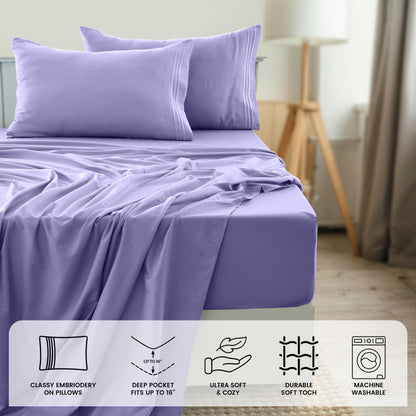 Fitted Sheet Set 6-Piece Brushed Polyester Deep Pocket Bed Sheets 20 Colors Hotel Luxury Soft Bedding with Embroidered Pillowcases