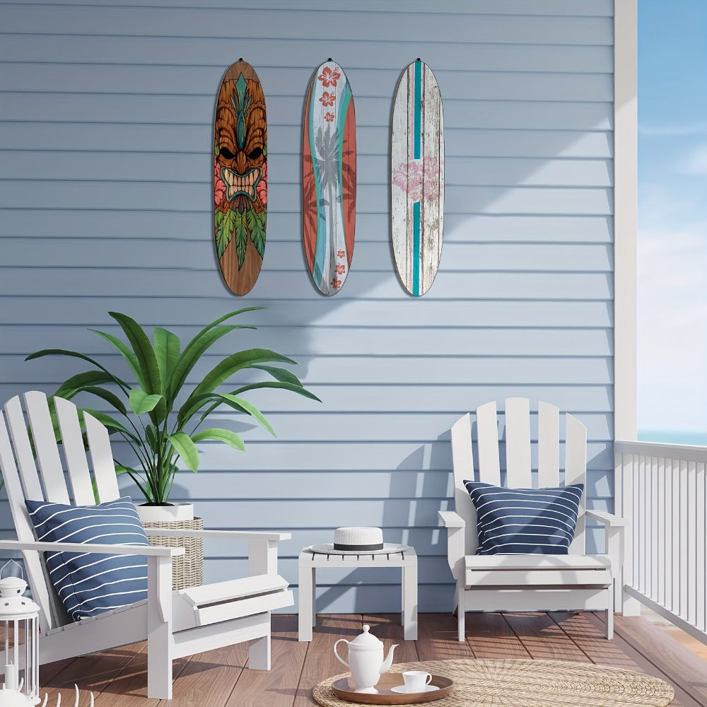 Wooden Surfboard Wall Art 15.74" – Rustic Tropical Beach Decor with Hibiscus & Tiki Mask Design, Frameless Recycled Wood Wall Hanging for Hawaiian Bar, Home, Summer & Vacation Theme Decor