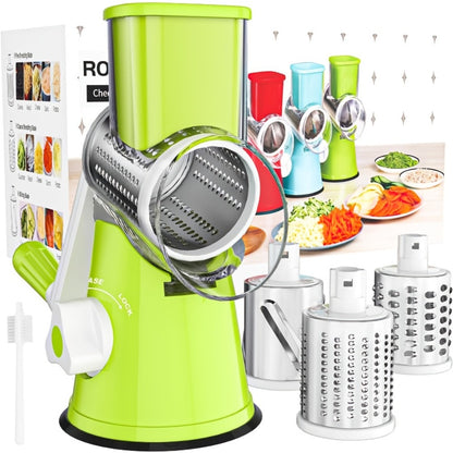 Rotary Cheese Grater with Hand Crank – 3 Interchangeable Blades for Cheese, Vegetables & Nuts, Non-Slip Suction Base, Includes Cleaning Brush – Manual Cheese Shredder for Kitchen (6 Colors)