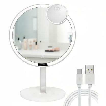 LED Makeup Mirror with Lights & 10X Magnification - Touch Dimming Desktop Vanity Mirror, Adjustable Brightness, Portable Handheld Design for Bathroom, Bedroom & Office, Ideal Gift for Women