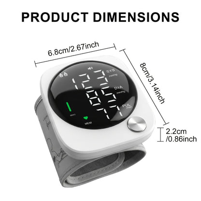 Wrist Blood Pressure Monitor with LCD Screen, Arrhythmia Alarm & Voice Playback – Adjustable Cuff, USB Charging, Gift for Family