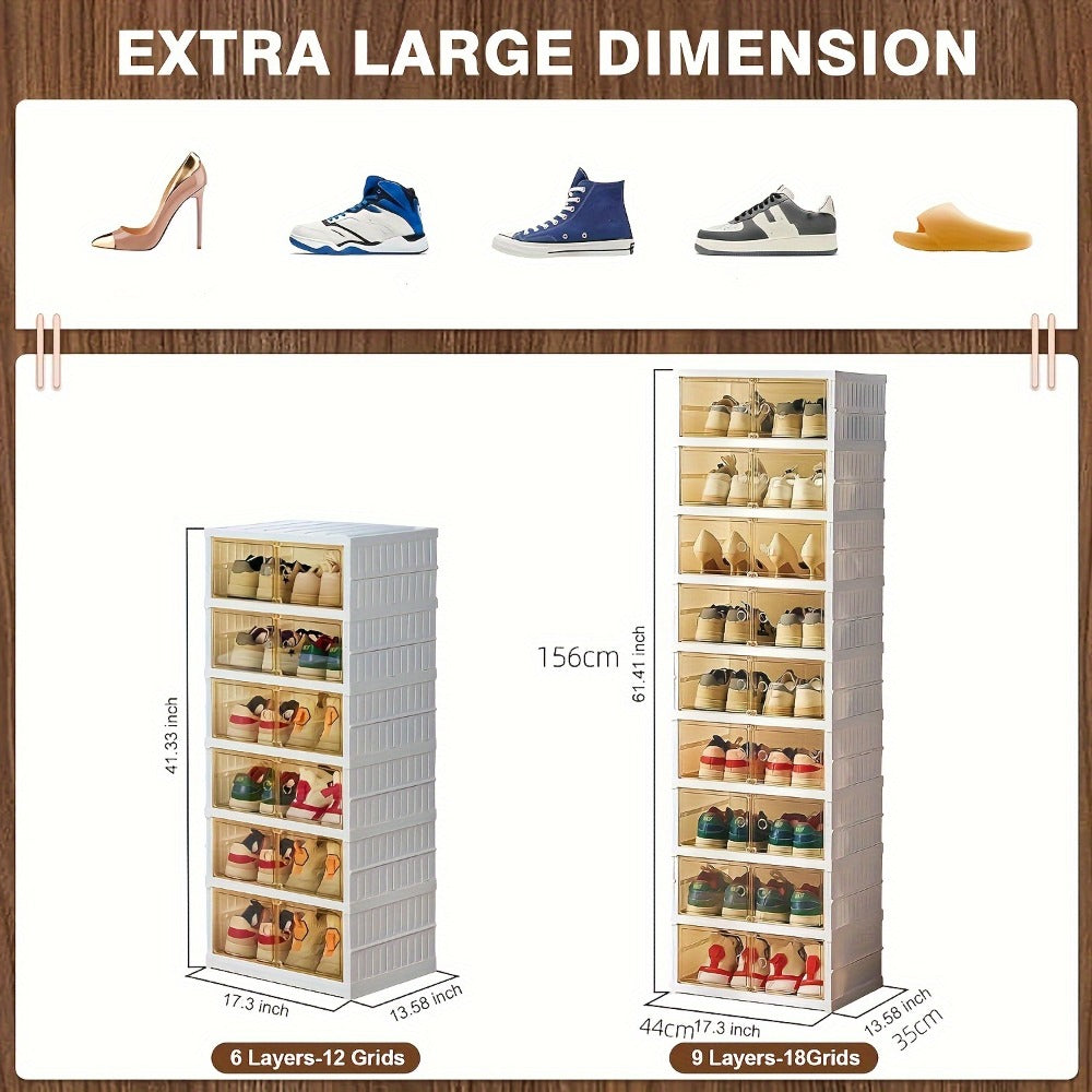 Shoe Rack Organizer 9-Tier, Collapsible Clear Plastic Foldable Stackable Shoe Cabinet with Shelves & Doors — No Assembly, Space-Saving Narrow Storage for Hallway, Apartment & Small Spaces