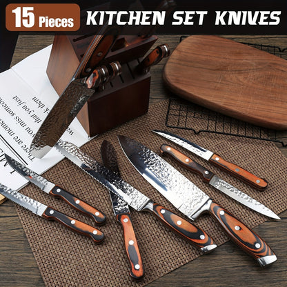 Kitchen Knife Set 15-Piece & 20-Piece Professional Chef Knives with Block Sharpener Ultra-Sharp Medium Carbon Stainless Steel Hammered Blade Wooden Handle Dishwasher Safe Gift for Men & Family