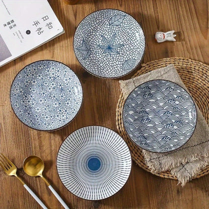 Japanese Ceramic Plates Set of 4 – Floral Yamada Pattern Dinnerware, 7-Inch Round Serving Plates with Non-Slip Edge, Underglaze Color, Nordic Style Steak & Salad Dish