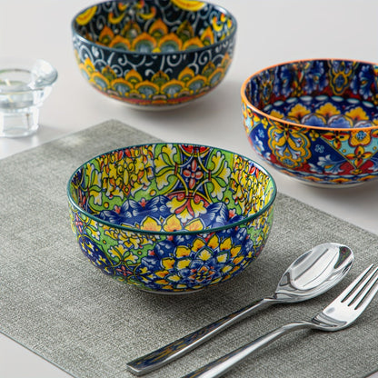 Cereal Bowl Set of 6 Bohemian Style 26oz – Colorful Ceramic Bowls for Cereal Soup Oatmeal Salad Ice Cream Pasta Microwave Dishwasher Safe Boho Kitchen Decor Gift for Home