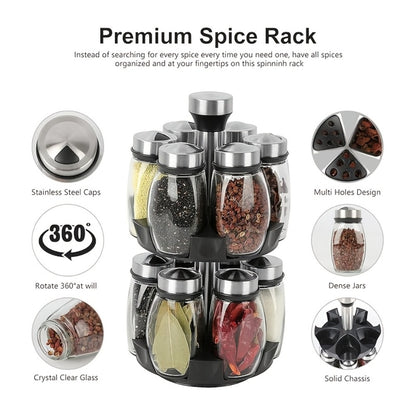 Glass Spice Jar Set with Rotating Rack – Airtight Kitchen Spice Organizer with 360° Stainless Steel Stand – Food Grade Glass Seasoning Bottles for Pantry, Cabinet & Countertop Storage – 6 or 12 Piece