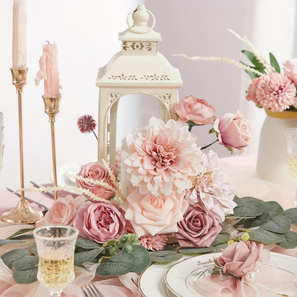 Pink Rose Dahlia Faux Flowers Box - Realistic PE Foam Artificial Flowers with Wire Stems for Wedding Bridal Bouquet Home Decor Table Arrangement Party Cake Baby Shower Birthday Decoration
