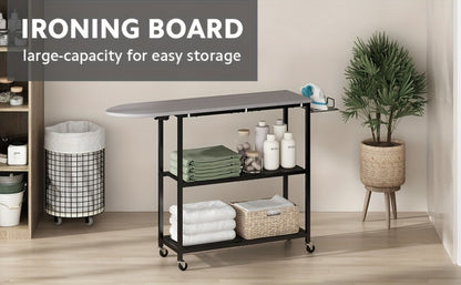 3-Tier Ironing Board Cart with Wheels – Rolling Laundry Station with Multi-Layer Storage Shelves for Living Room, Bedroom & Outdoor Use