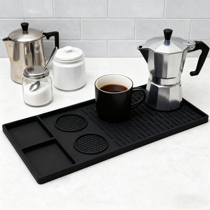 Coffee Bar Mat Silicone with Raised Edges 2-in-1 - Dish Drying Mat for Countertop, Coffee Maker Espresso Machine Mat, Spill Proof Kitchen Counter Mat 23.6" x 15.7", Black or Gray