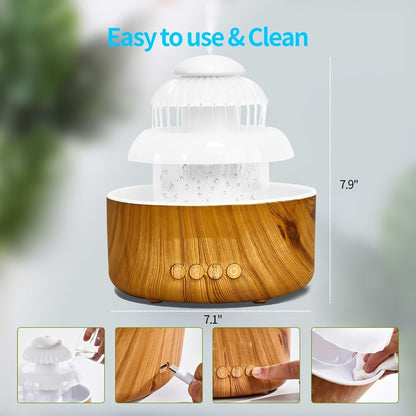 Cool Mist Humidifier with Raining Sound & 8-Color Night Light – 10-Hour Runtime, Essential Oil Diffuser, Air Humidifier for Bedroom, Home & Office, White Noise Sleep Aid, Ambient Mood Light, White