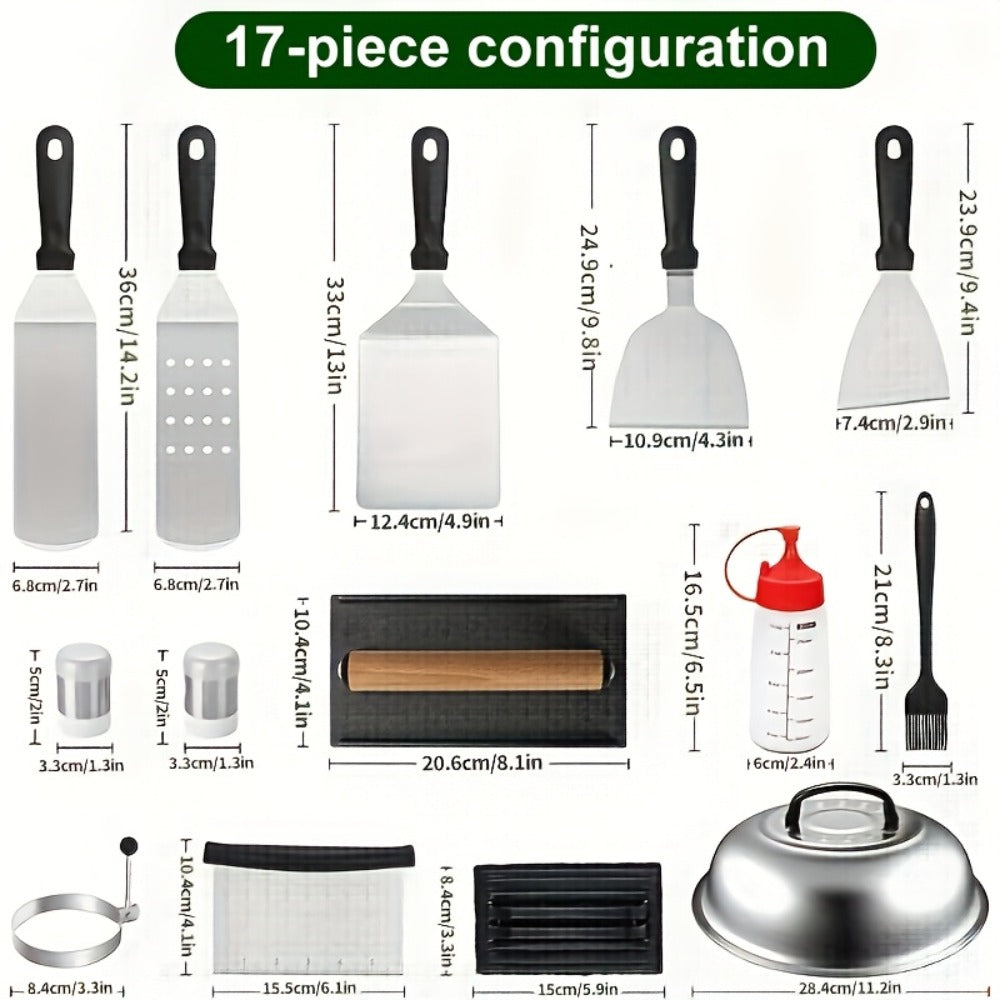 BBQ Grill Tool Set 8/17pcs – Teppanyaki Meat Press & Barbecue Accessories for Outdoor Camping, Kitchen & Parties