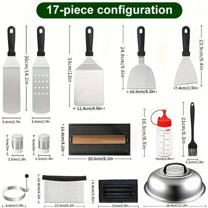 BBQ Grill Tool Set 8/17pcs – Teppanyaki Meat Press & Barbecue Accessories for Outdoor Camping, Kitchen & Parties