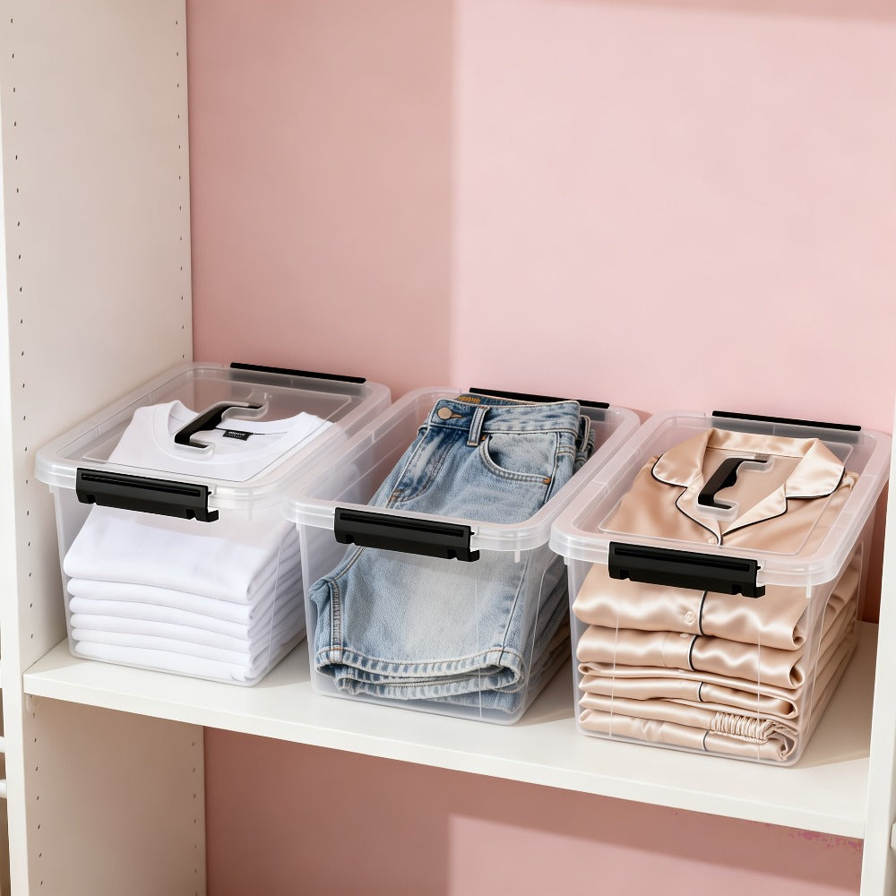 6-Pack Clear Storage Boxes with Latches & Lids – 6 Quart Stackable Plastic Organizer Containers for Home, Bedroom, Bathroom & Kitchen