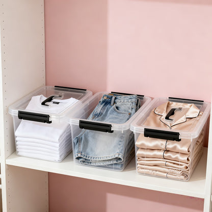6-Pack Clear Storage Boxes with Latches & Lids – 6 Quart Stackable Plastic Organizer Containers for Home, Bedroom, Bathroom & Kitchen